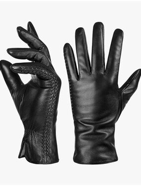NWT Genuine sheepskin Black Leather Gloves winter warm touchscreen size S